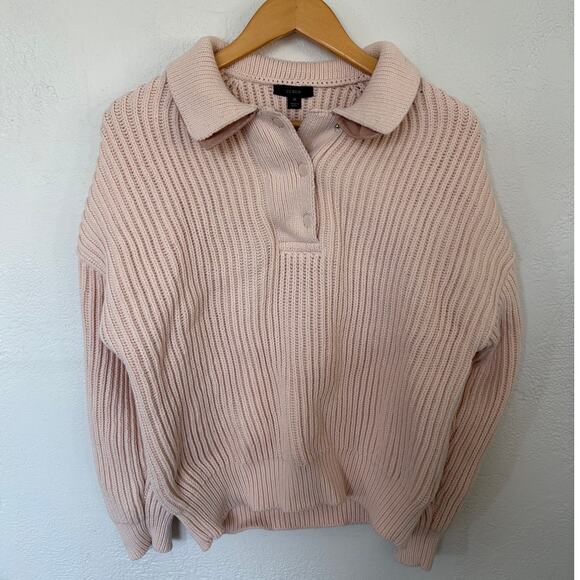 J. Crew Collared Ribbed Patch-sleeve Quarter Snap Sweater Medium Pink Cotton - Picture 2 of 9